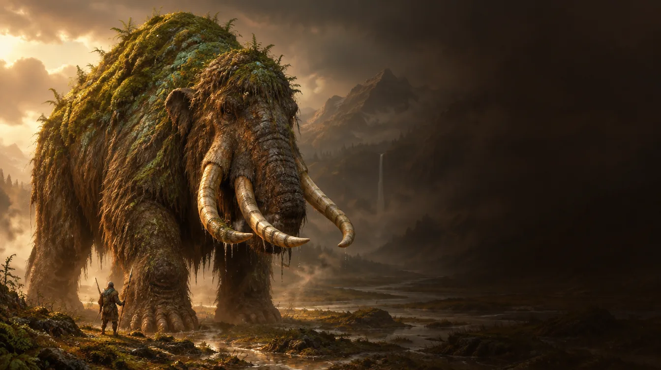 Mossback Tusker, raksasa bergading empat dengan punggung berlumut, berdiri di lembah basah; seorang pemburu kecil di dekat kakinya.